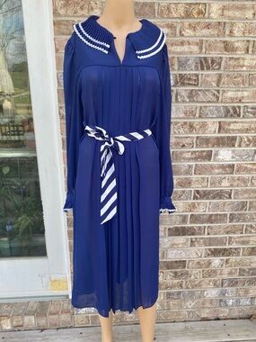 Vintage 1975 Jody T Navy Blue Nautical Belted Dress With A Harlequin Collar